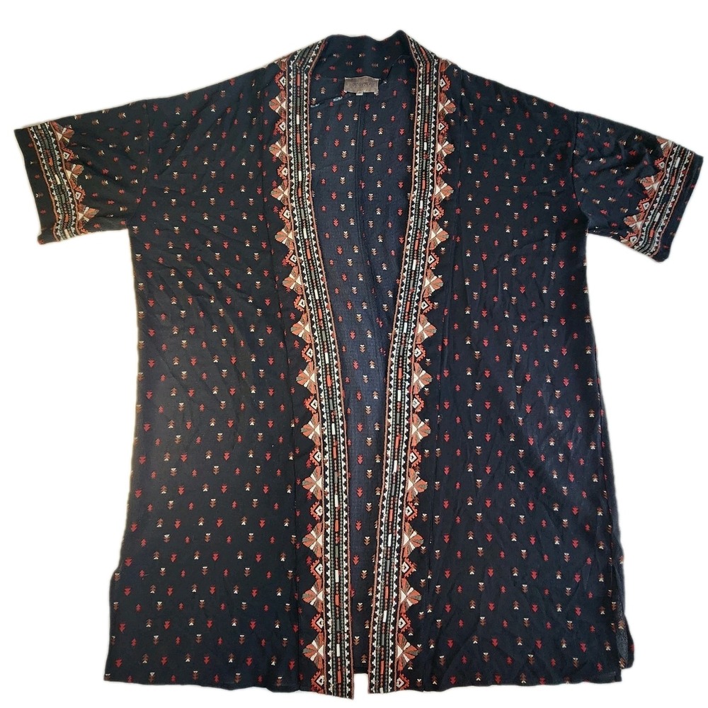 MISS ME Kimono Cardigan Womens Medium Black Southwest Tribal Sheer Short Sleeves